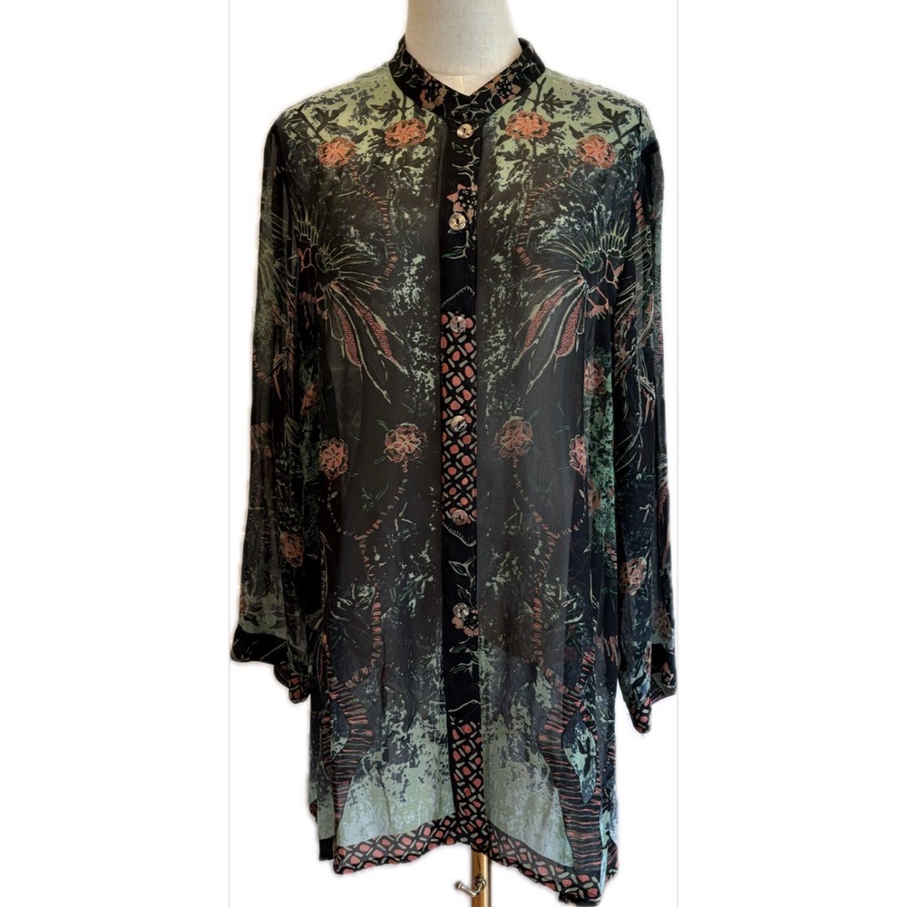 Citron Santa Monica 100% Silk  Birds & Flowers Button Down Long Sleeves Tunic 1X